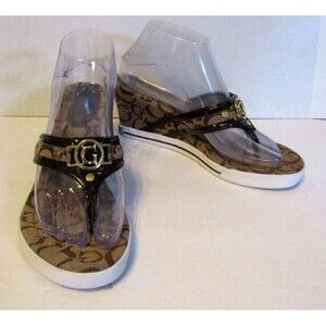 Guess Signature Sandals Brown Wedge Heels Canvas Leather Slip On Size 8M